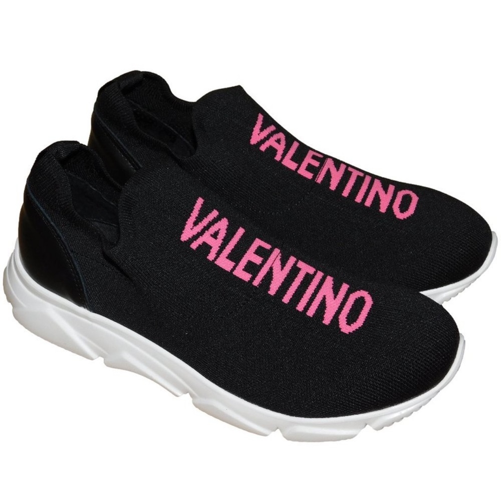 Valentino Black Knit Slip-On Sneakers with Pink Logo